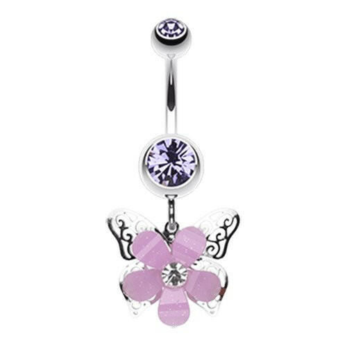 Glittered Flower Butterfly Belly Button Ring Navel Ring Impulse Piercings Tanzanite