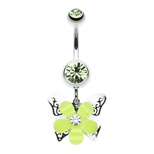 Glittered Flower Butterfly Belly Button Ring Navel Ring Impulse Piercings Light Green