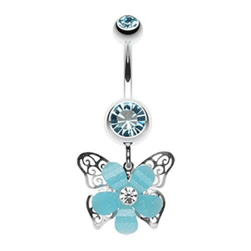 Glittered Flower Butterfly Belly Button Ring Navel Ring Impulse Piercings Aqua