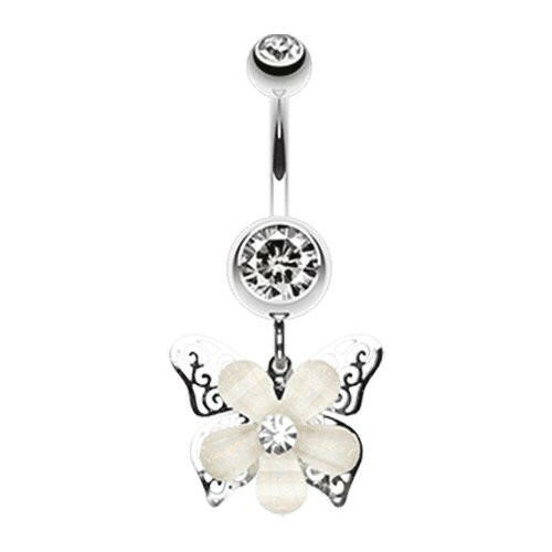 Glittered Flower Butterfly Belly Button Ring Navel Ring Impulse Piercings Clear