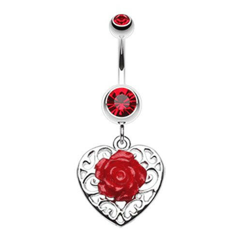 Glittering rose and Decorative Heart Belly Button Ring Navel Ring Impulse Piercings Red