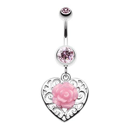 Glittering rose and Decorative Heart Belly Button Ring Navel Ring Impulse Piercings Light Pink