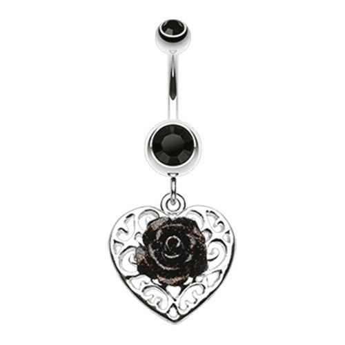 Glittering rose and Decorative Heart Belly Button Ring Navel Ring Impulse Piercings Black