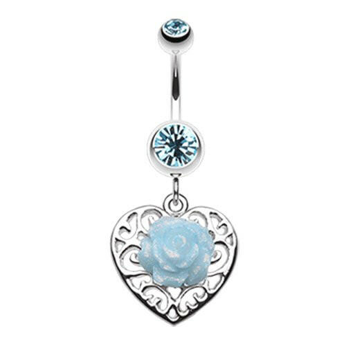 Glittering rose and Decorative Heart Belly Button Ring Navel Ring Impulse Piercings Aqua