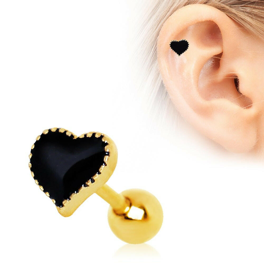 Gold Black Heart Cartilage Earring Cartilage Earring Impulse Piercings 16 gaugeLength: 1/4"