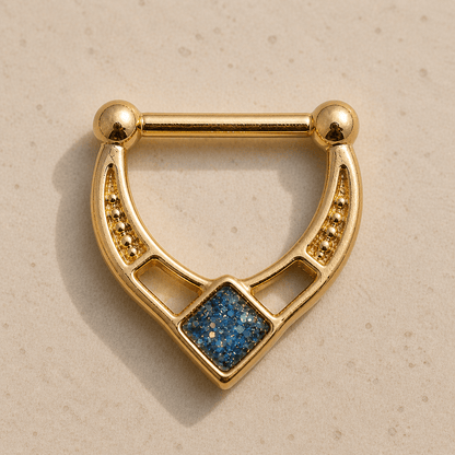 Gold Blue Rhombus Septum Clicker Ring 16G Hinged Nose Ring Epoxy Geometric Jewelry - Skin Metals