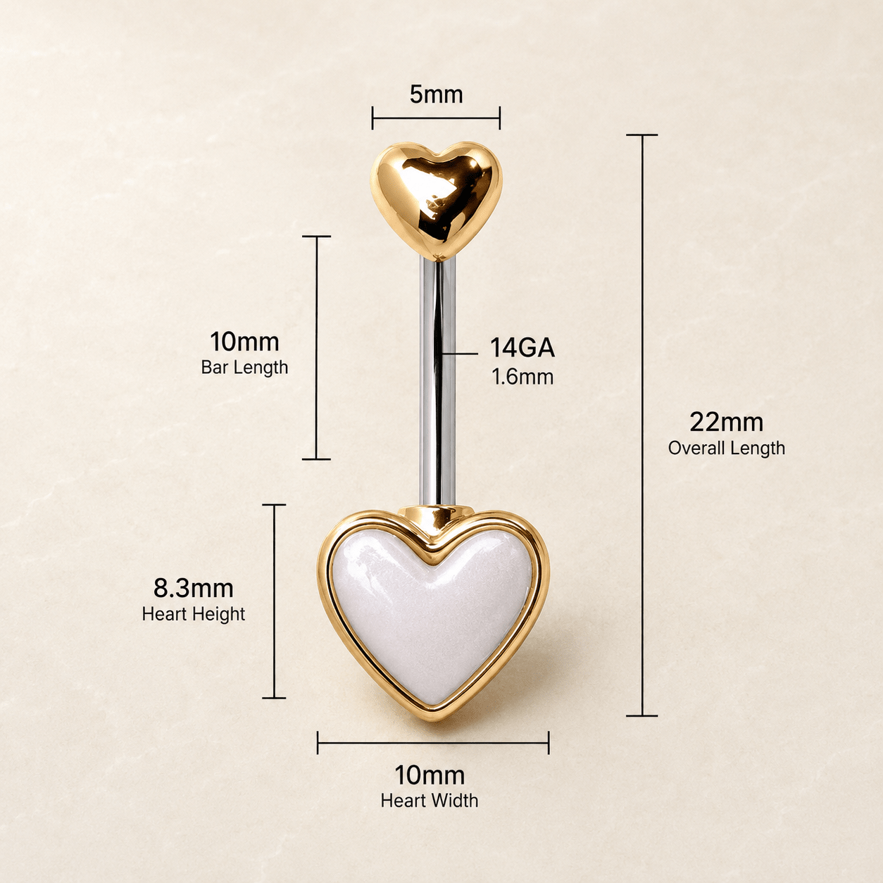 Gold Double Heart Navel Ring 14G White Cabochon