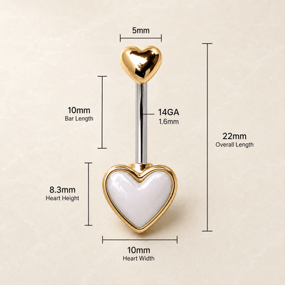 Gold Double Heart Navel Ring 14G White Cabochon