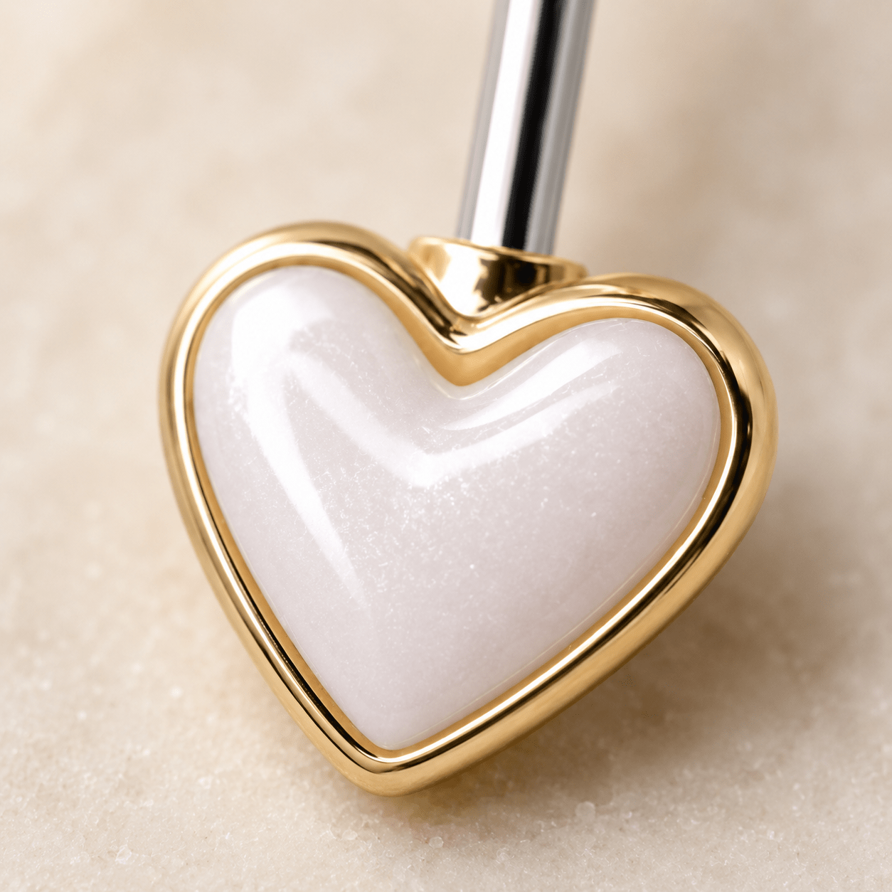 Gold Double Heart Navel Ring 14G White Cabochon