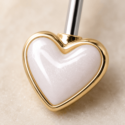 Gold Double Heart Navel Ring 14G White Cabochon