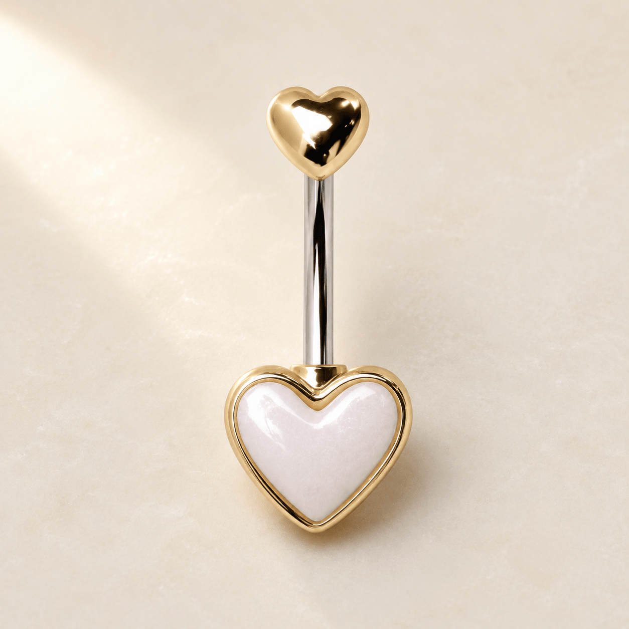 Gold Double Heart Navel Ring 14G White Cabochon