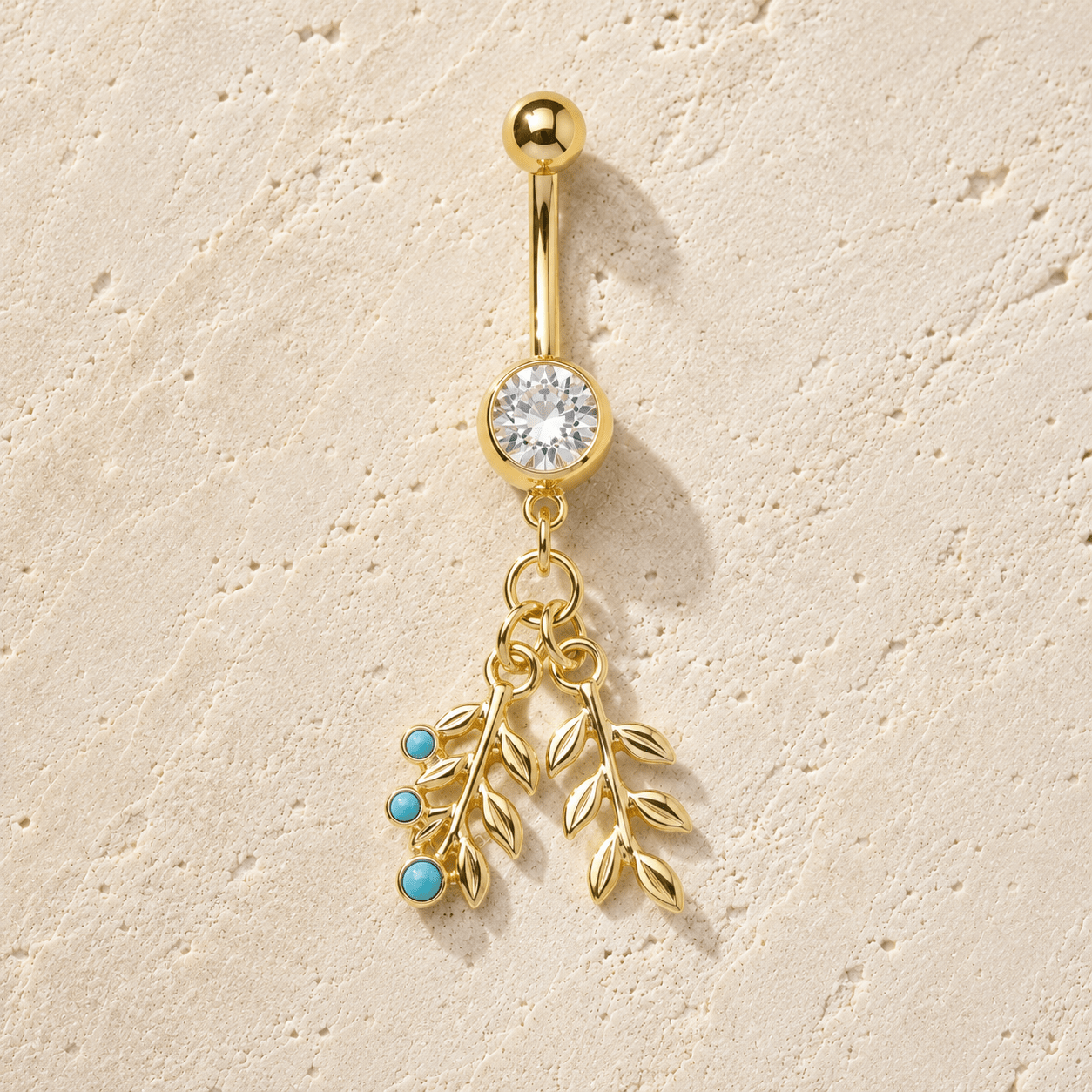 Gold Plated Double Leaf with Turquoise Dangle Navel Ring - Skin Metals