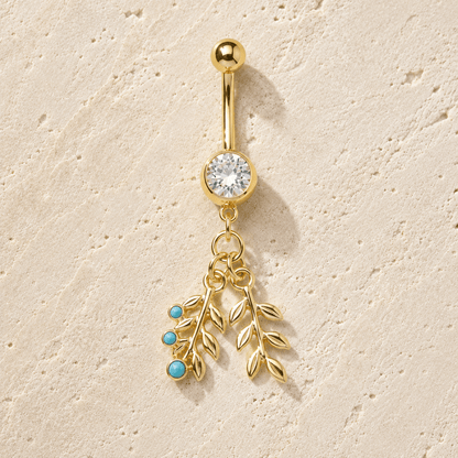 Gold Plated Double Leaf with Turquoise Dangle Navel Ring - Skin Metals