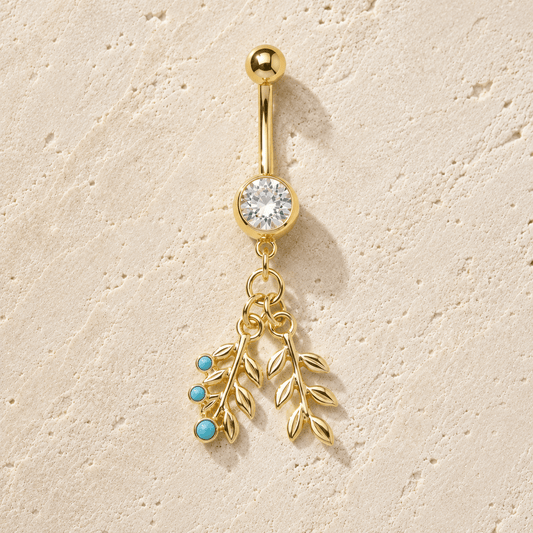 Gold Plated Double Leaf with Turquoise Dangle Navel Ring - Skin Metals