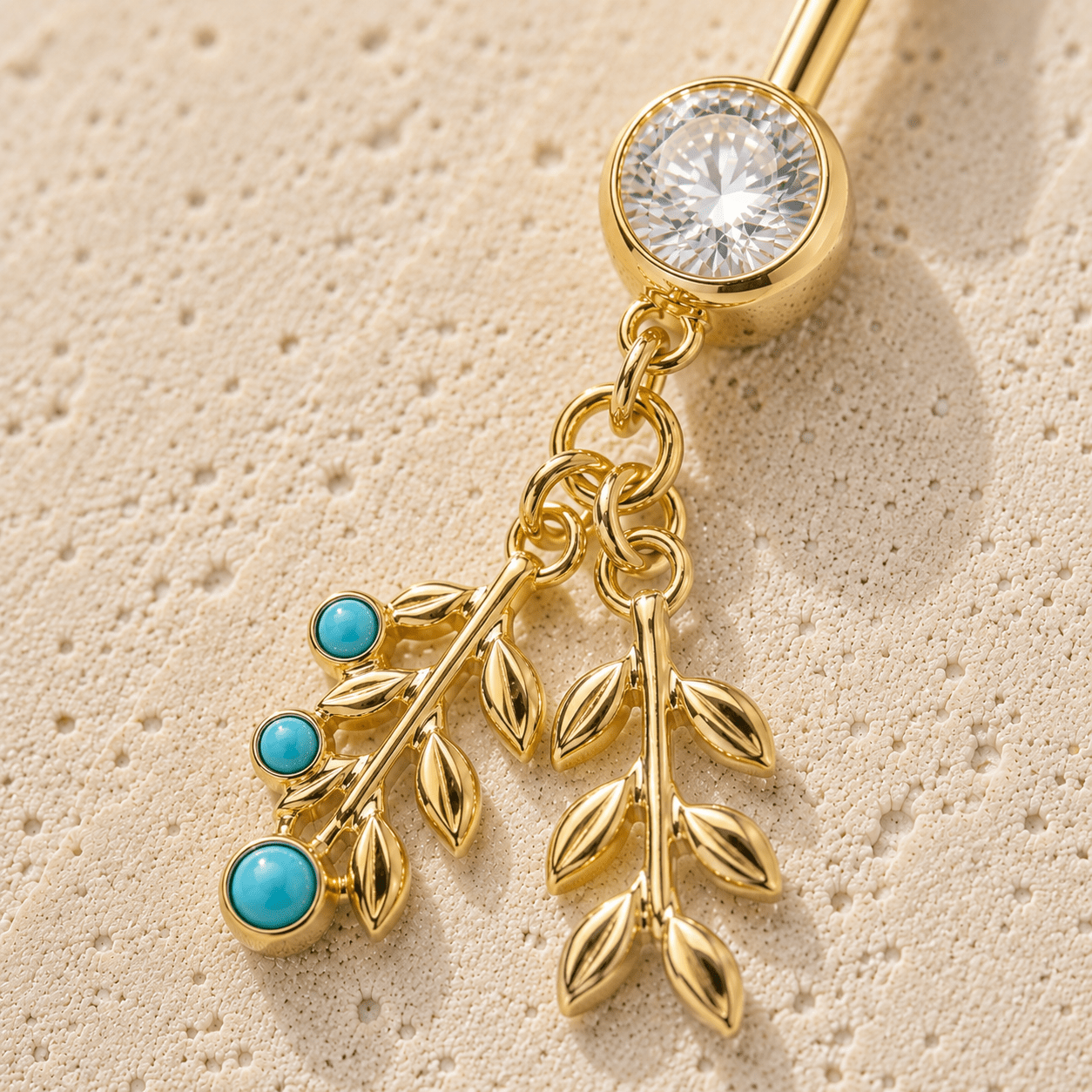 Gold Plated Double Leaf with Turquoise Dangle Navel Ring - Skin Metals