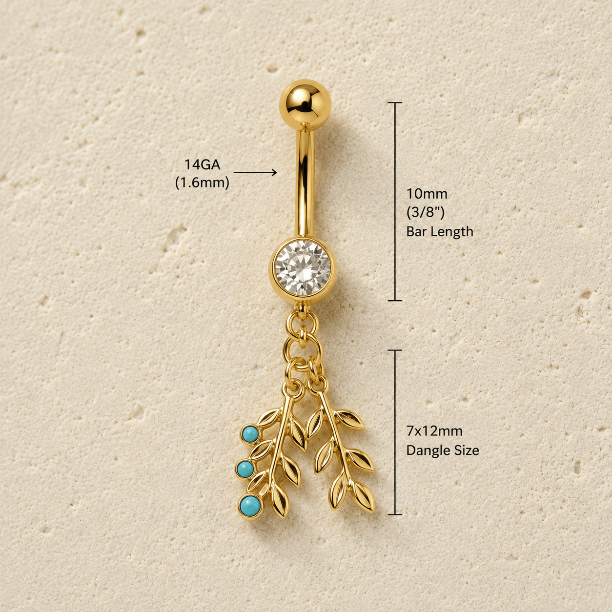 Gold Plated Double Leaf with Turquoise Dangle Navel Ring - Skin Metals