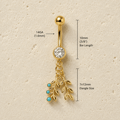 Gold Plated Double Leaf with Turquoise Dangle Navel Ring - Skin Metals