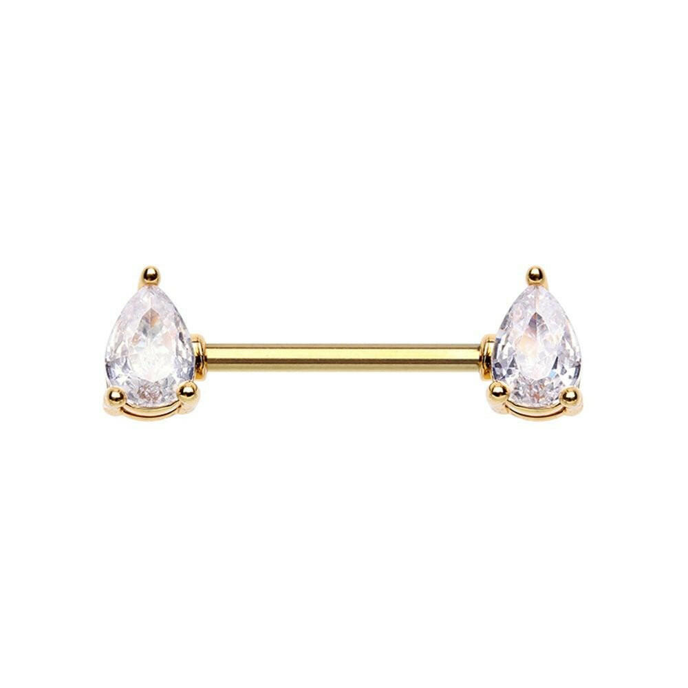 Gold Double Teardrop Pear Shape Gem Nipple Barbell Ring Nipple Ring Impulse Piercings