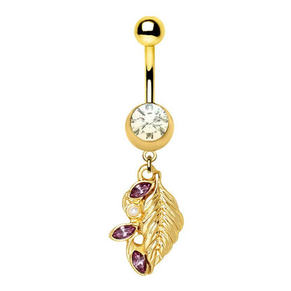 Gold Fantasy Leaf Dangle Navel Ring 14G Pearl CZ