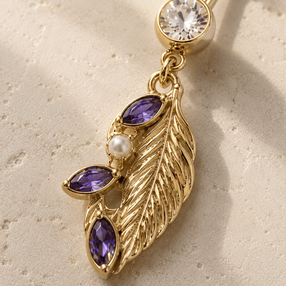 Gold Fantasy Leaf Dangle Navel Ring 14G Pearl CZ