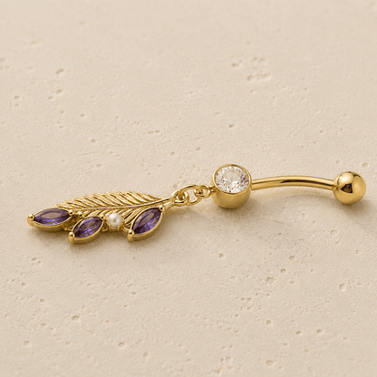 Gold Fantasy Leaf Dangle Navel Ring 14G Pearl CZ