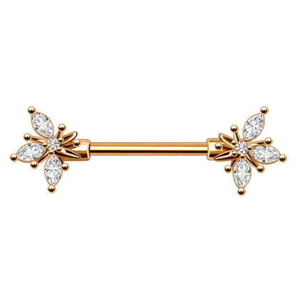 Gold Flower Nipple Rings 14G Ornate CZ Nipple Barbell Pair 316L Surgical Steel - Skin Metals
