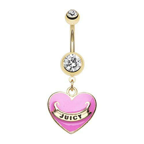 Gold Juicy Banner Heart Belly Button Ring Navel Ring Impulse Piercings Pink