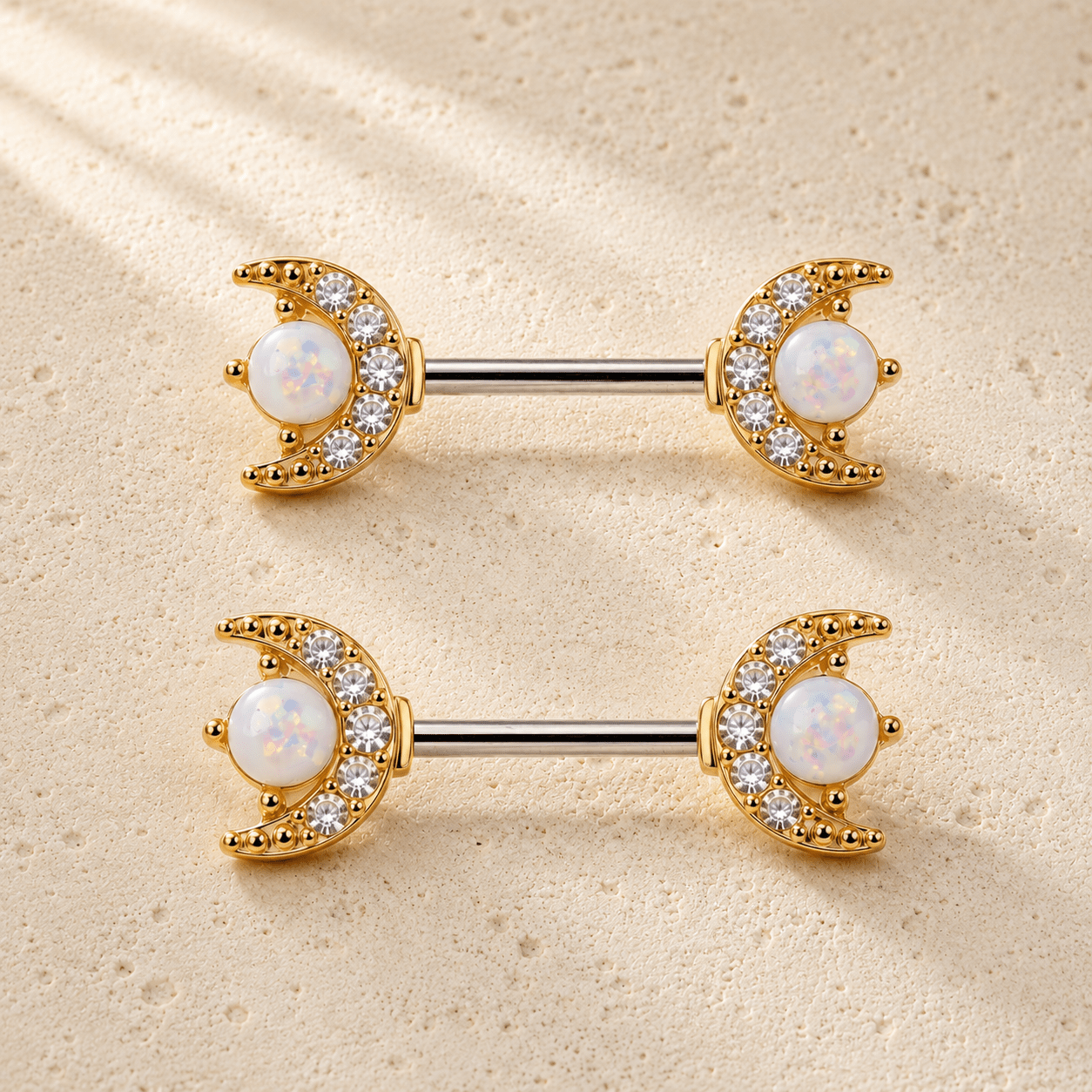 Gold moon star opal nipple bar 14G pair, crescent moon CZ white opal star gold plated steel