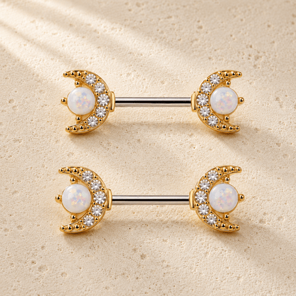 Gold moon star opal nipple bar 14G pair, crescent moon CZ white opal star gold plated steel