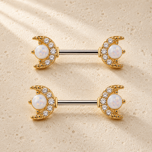 Gold moon star opal nipple bar 14G pair, crescent moon CZ white opal star gold plated steel
