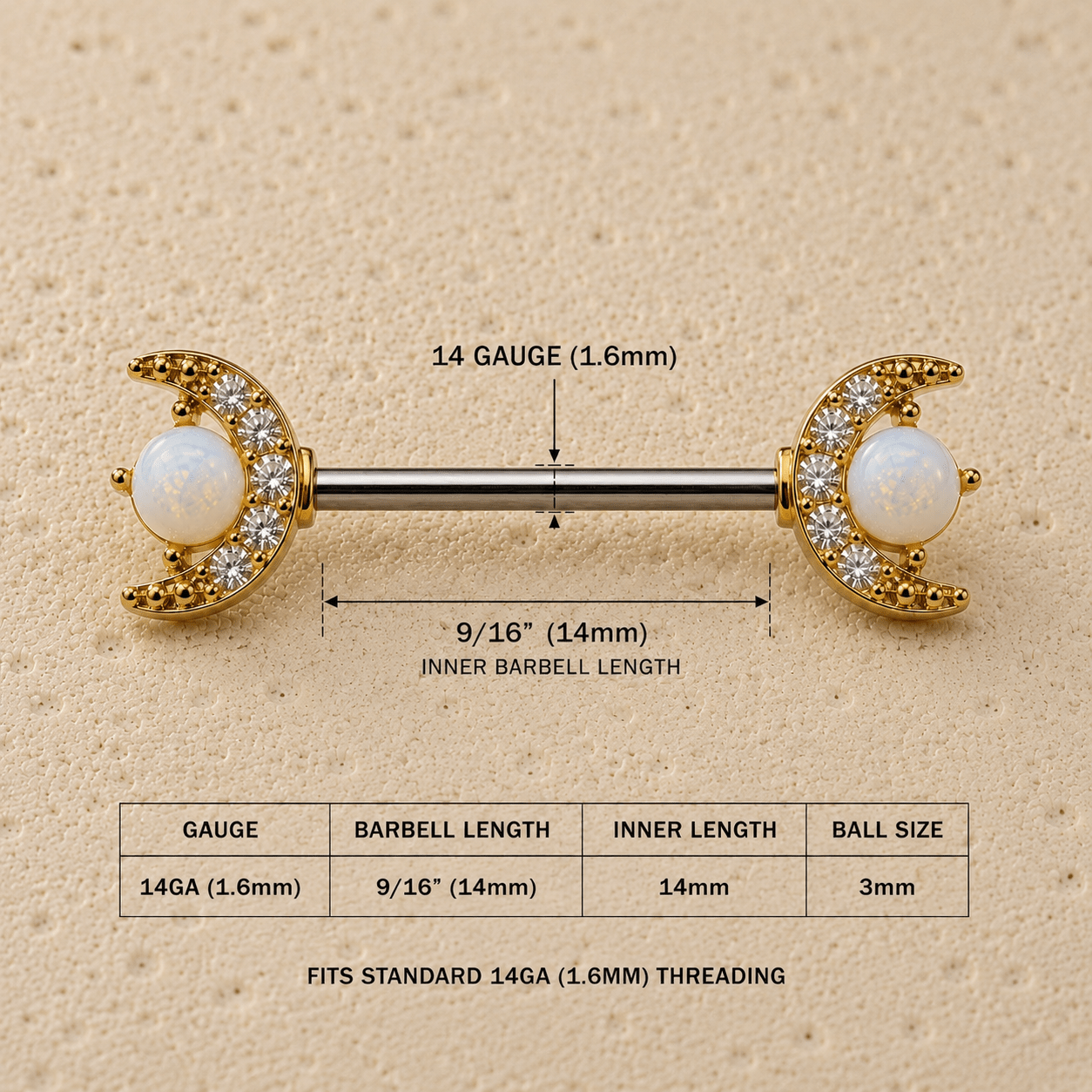 Gold moon star nipple bar size chart, 14GA 1.6mm thickness 14mm wearable length 7.5x9mm design
