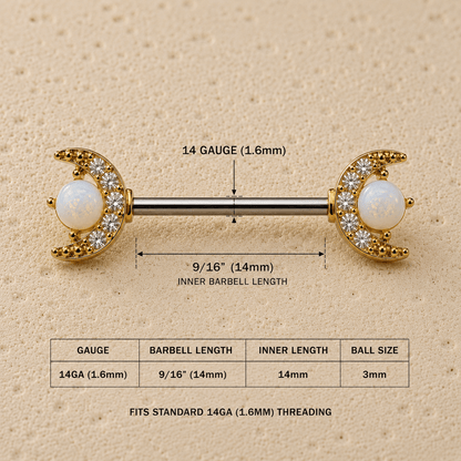 Gold moon star nipple bar size chart, 14GA 1.6mm thickness 14mm wearable length 7.5x9mm design