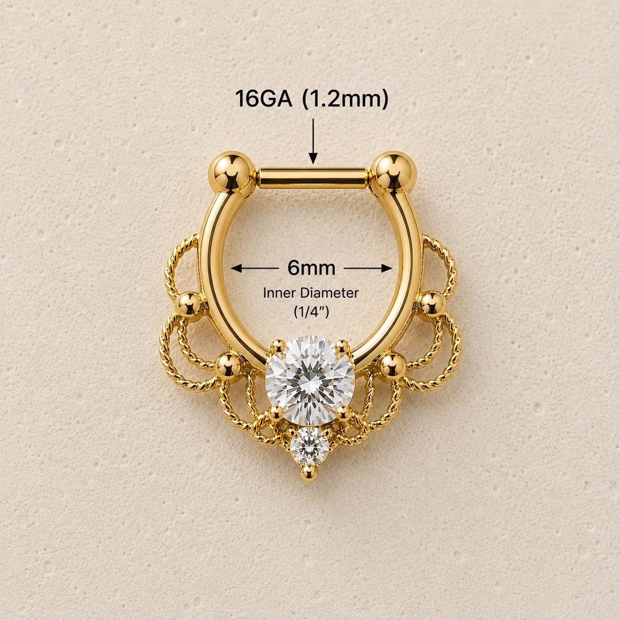 Gold Ornate Filigree Septum Clicker 16G CZ Mirror - Skin Metals