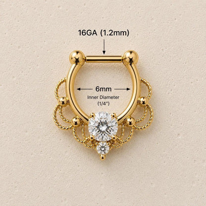 Gold Ornate Filigree Septum Clicker 16G CZ Mirror - Skin Metals