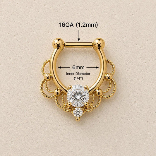 Gold Ornate Filigree Septum Clicker 16G CZ Mirror - Skin Metals