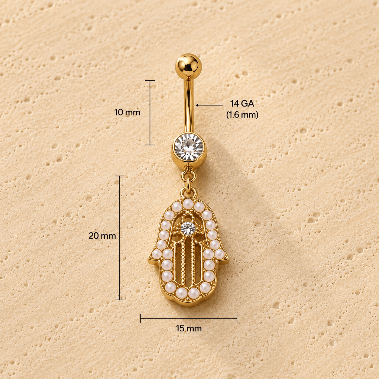 Gold Pearl Dangle Navel Ring 14G CZ Hand Charm