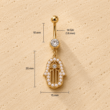 Gold Pearl Dangle Navel Ring 14G CZ Hand Charm