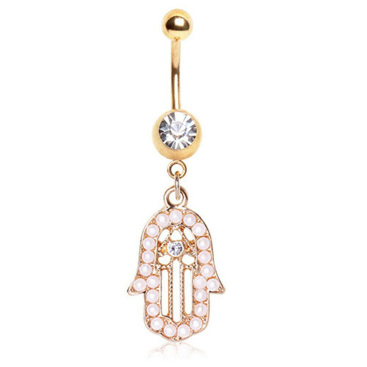 Gold Pearl Dangle Navel Ring 14G CZ Hand Charm