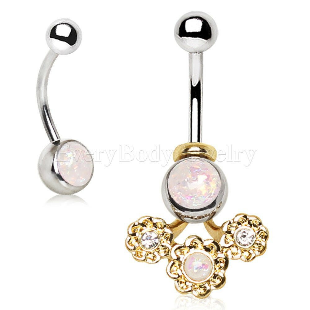Gold Plated 2-in-1 Synthetic Opal Floral Design Navel Ring