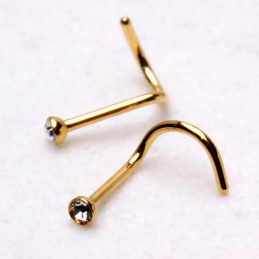 Gold Plated 316L Stainless Steel CZ Screw Nose Ring - Skin Metals