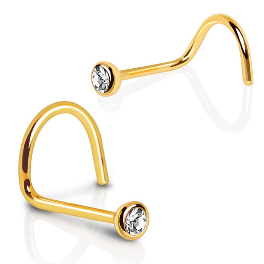 Gold Plated 316L Stainless Steel CZ Screw Nose Ring - Skin Metals