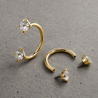 Gold Plated 316L Stainless Steel Internally Threaded Double Gem Nose Hoop - Skin Metals