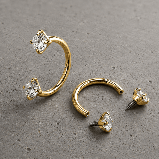 Gold Plated 316L Stainless Steel Internally Threaded Double Gem Nose Hoop - Skin Metals