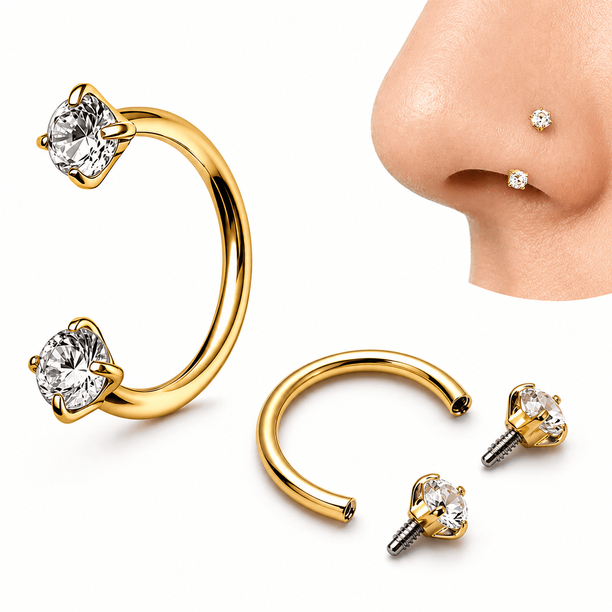 Gold Plated 316L Stainless Steel Internally Threaded Double Gem Nose Hoop - Skin Metals