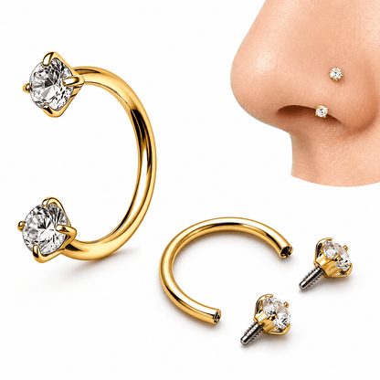 Gold Plated 316L Stainless Steel Internally Threaded Double Gem Nose Hoop - Skin Metals
