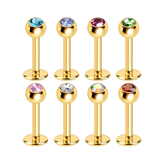Gold Plated 316L Stainless Steel Labret with CZ Gemmed Ball - Skin Metals