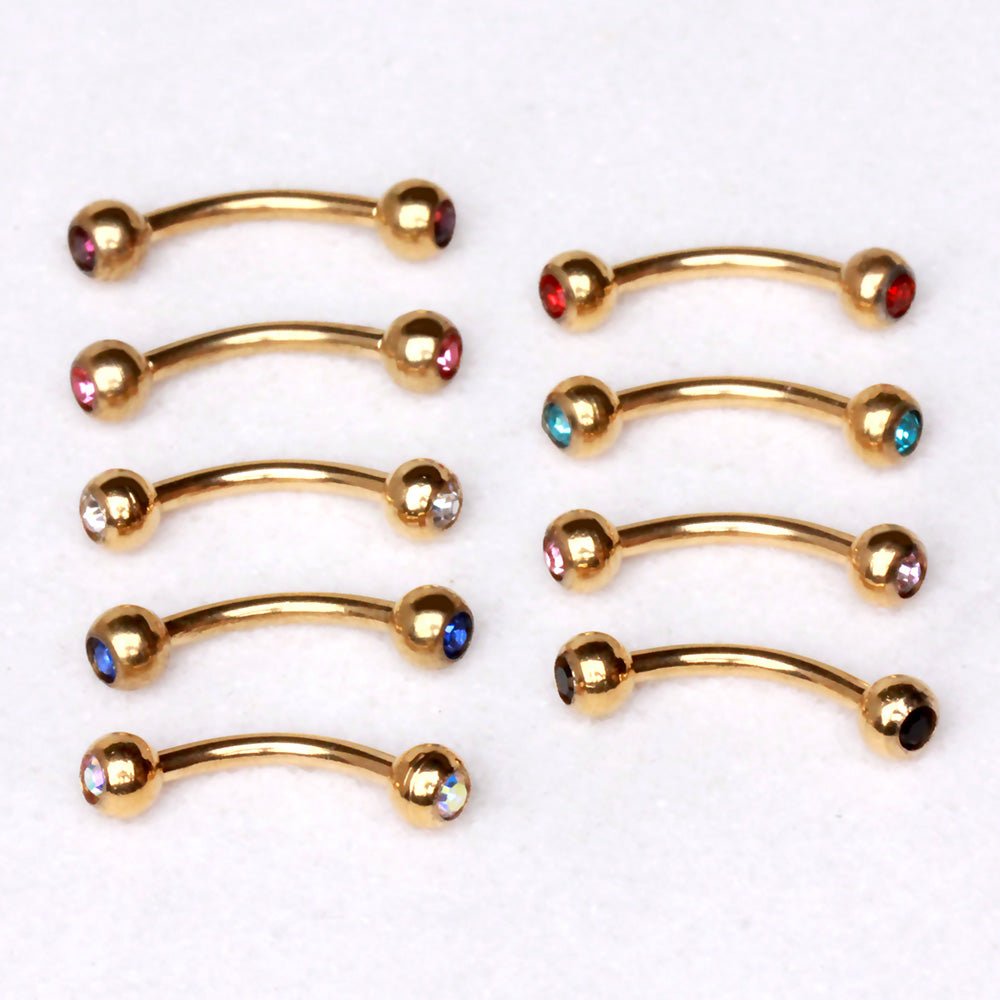 Gold Plated 316L Surgical Steel Eyebrow Ring with Gemmed Balls
