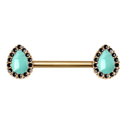 Gold plated aqua teardrop nipple bar pair on white background, 14G aqua black enamel yellow gold stainless steel