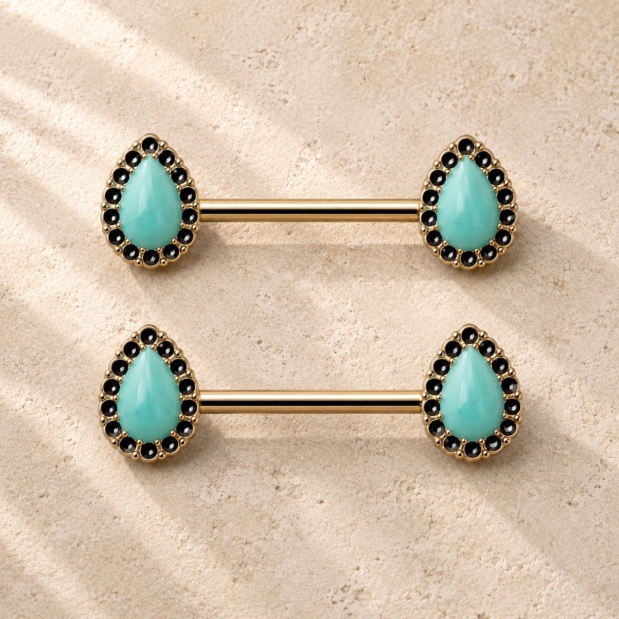 Gold plated aqua teardrop nipple bar 14G pair, aqua black enamel yellow gold 316L stainless steel body jewelry