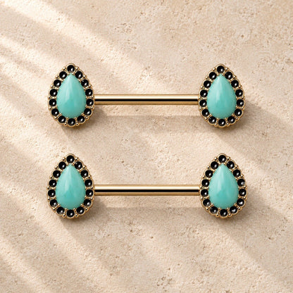 Gold plated aqua teardrop nipple bar 14G pair, aqua black enamel yellow gold 316L stainless steel body jewelry